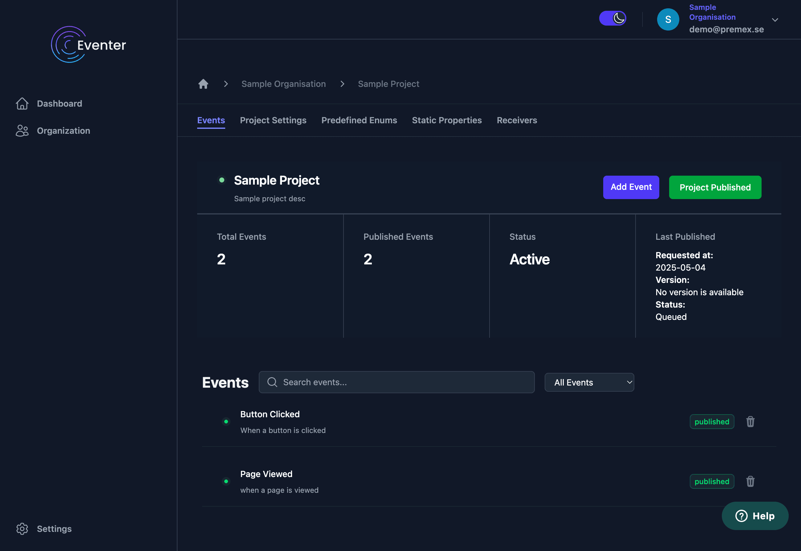 Eventer platform dashboard screenshot showing a sample project interface